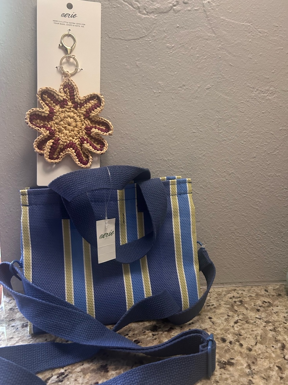 aerie Bundle 💙 Blue Striped Canvas Tote Bag and Keychain